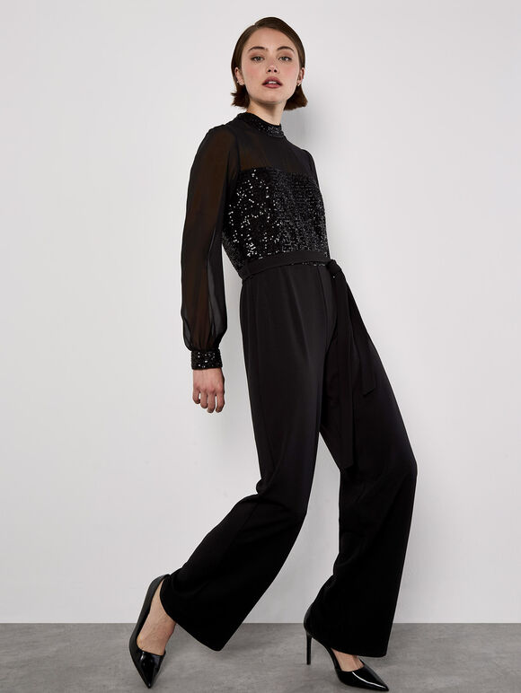 Sequin Bodice Jumpsuit, Black, large