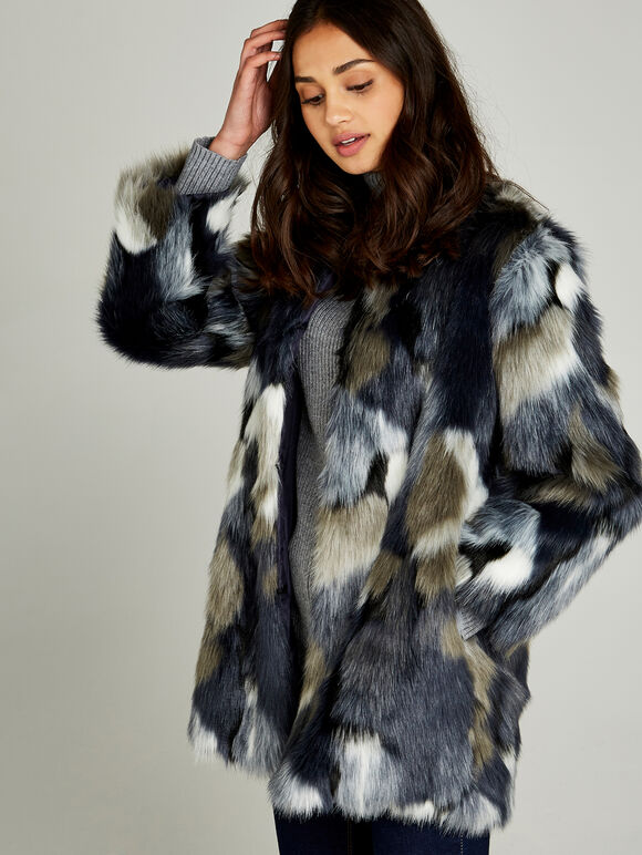 Navy Patchwork Faux Fur Jacket, Navy, large