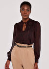 Folk Leaf Tie Neck Cuff Sleeve Top, Burgundy, large