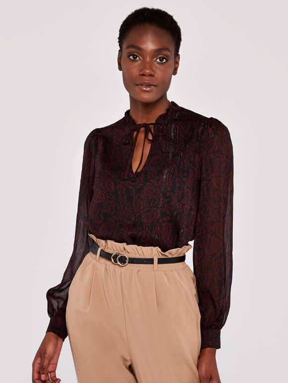 Folk Leaf Tie Neck Cuff Sleeve Top, Burgundy, large