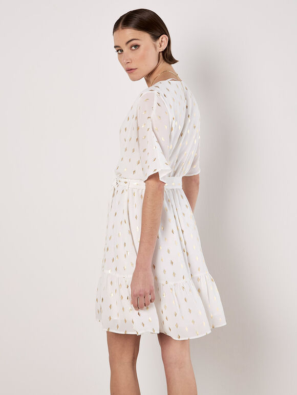 Gold Foil Diamond Wrap Mini Dress, White, large