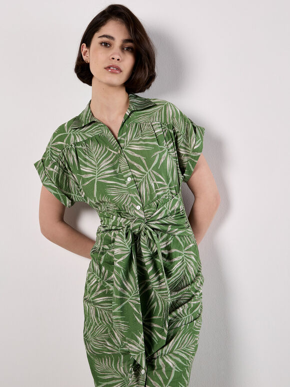 Palm Leaf Shirt Midi Dress, Green, large