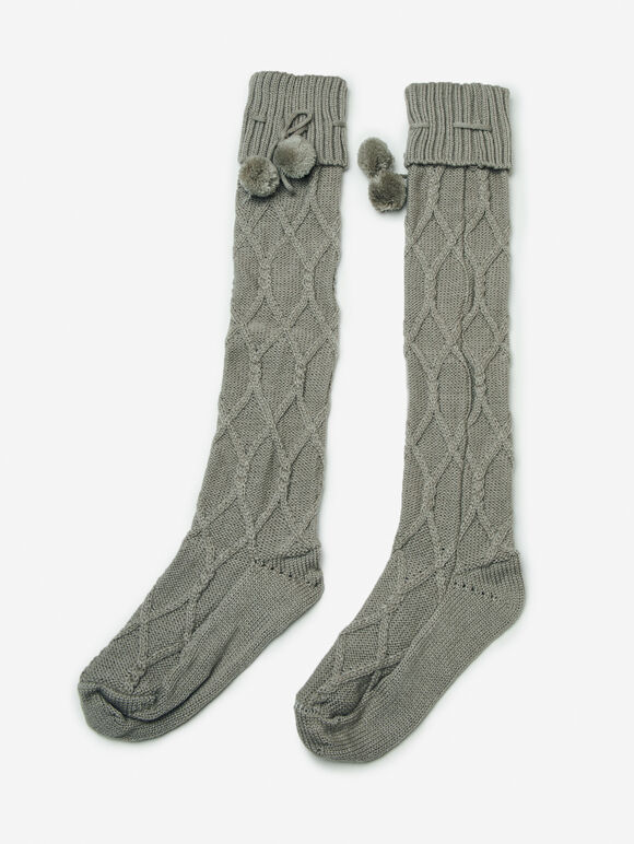 Pom Pom Knit Knee High Socks, Grey, large