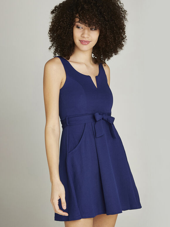 V Detail Two Pocket Skater Dress, Blue, large