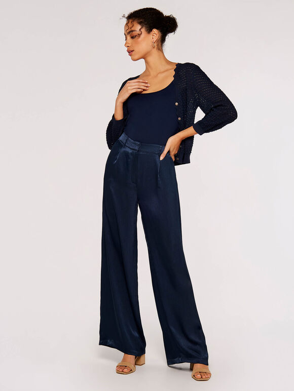 Knitted Scallop Crop Cardigan, Navy, large