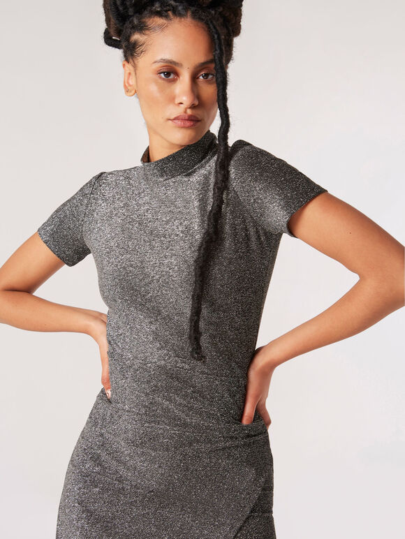 Sparkle Ruched Wrap Dress, Silver, large