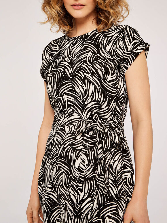 Brushstroke Print Wrap Dress, Black, large