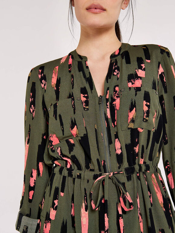 Brushstroke Print Mini Dress , Khaki, large