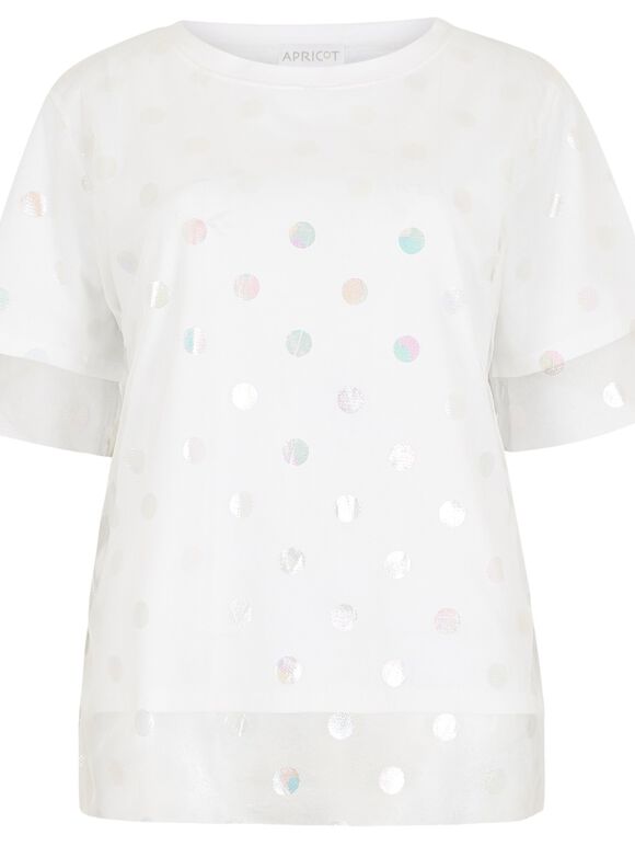 Metallic Mesh Layer Tee, White, large