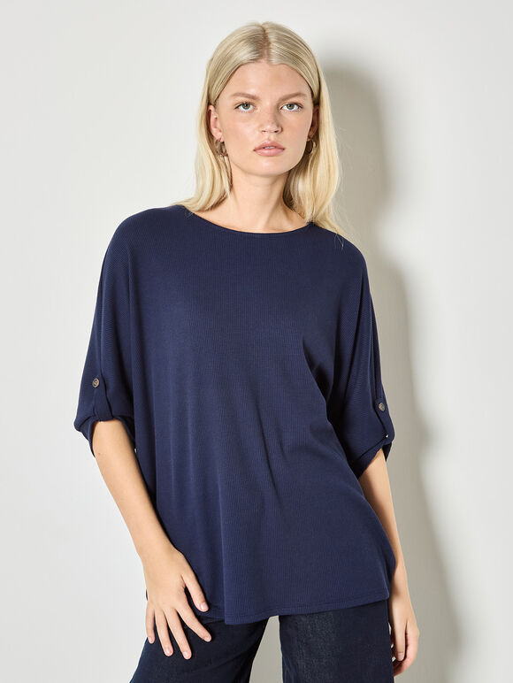 Waffle Knit Button Detail Top, Navy, large