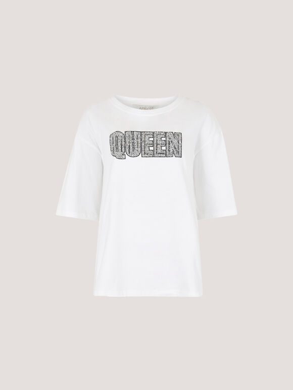 Rhinestone Queen Cotton T-Shirt, White, large