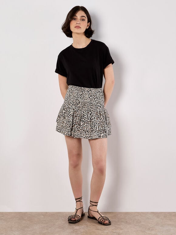 Animal Print Smocked Ruffle Mini Skort, Cream, large
