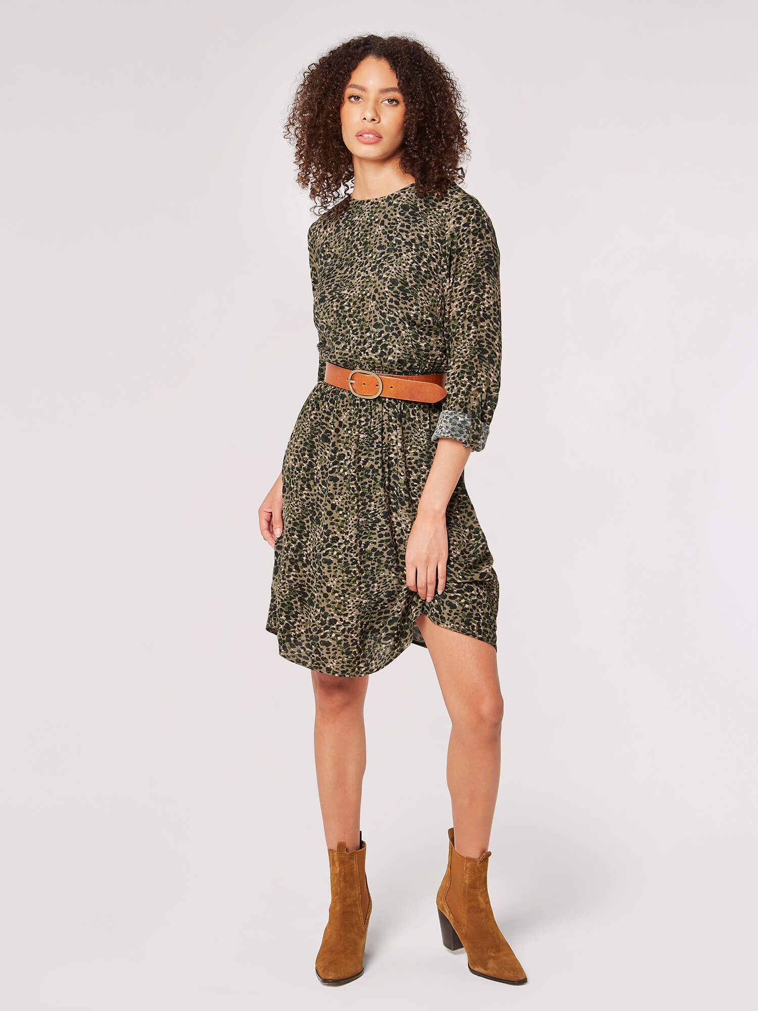 Animal Smocked Waist Mini Dress Apricot Clothing