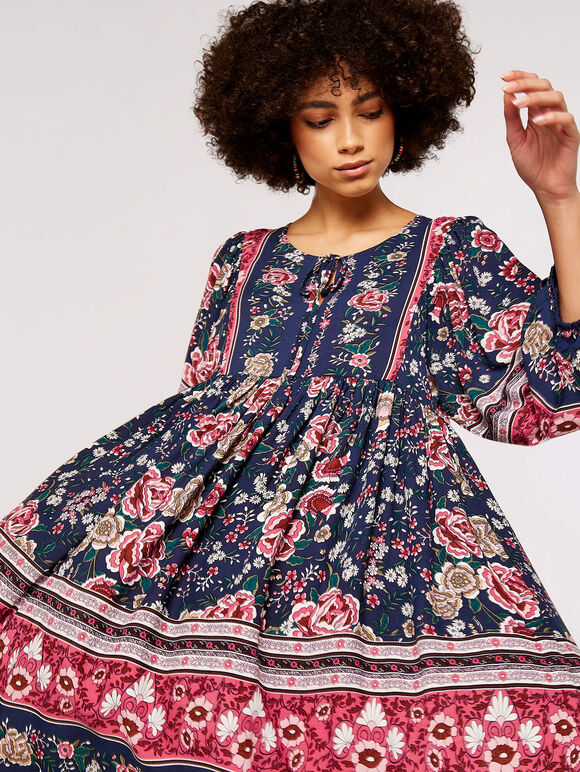 Folk Border Mini Dress, Navy, large