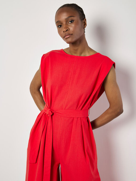 Wide Leg Cotton Jumpsuit, Red, large