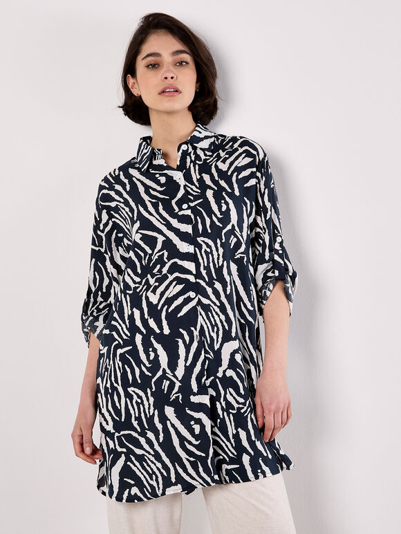 Zebra Print Oversized Shirt, Navy, large