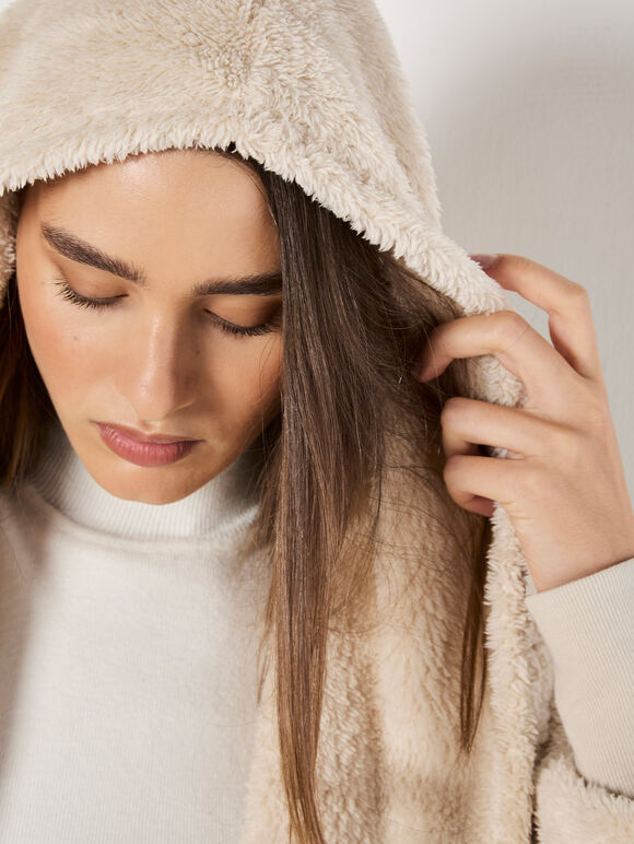 Fleece Waterfall Hooded Cardigan, Stone, large