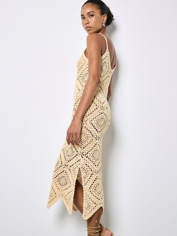 Hand-Knit Crochet Midi Dress, Stone, large