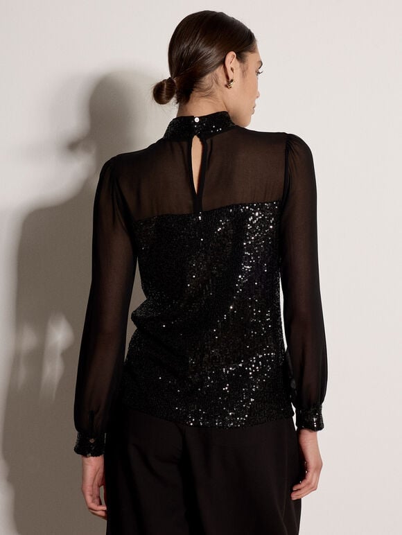 Sequin Embellished Chiffon Top, Black, large