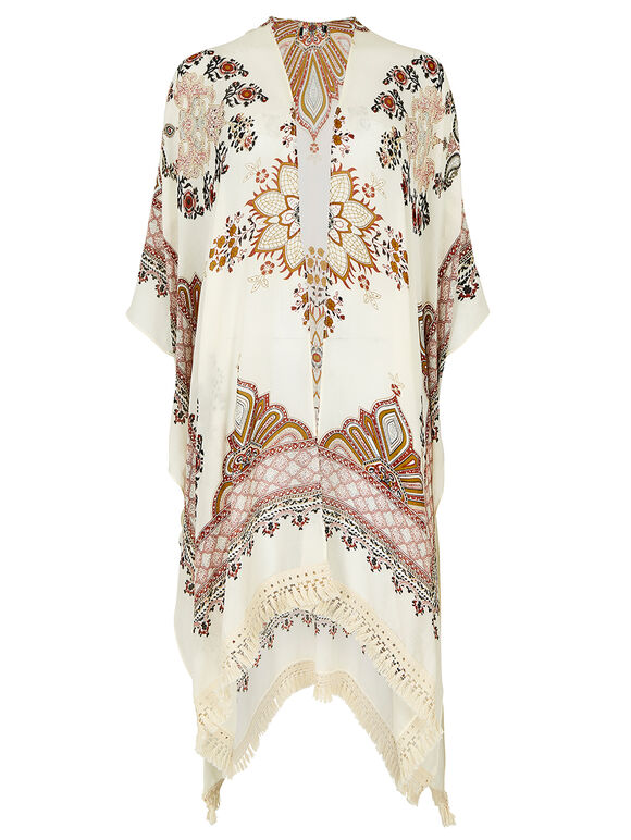 Boho Tassel Edge Kimono Top, Stone, large