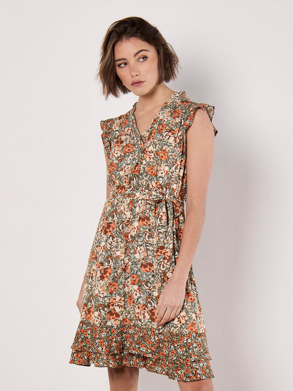 Ditsy Floral Ruffle Mini Dress, Khaki, large