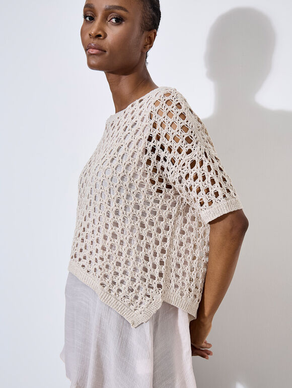 Knitted Mesh Layered Tunic Top, Stone, large