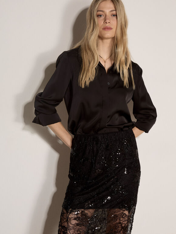 Floral Beaded Lace Midi Skirt, Black, large