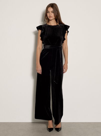 Wide Leg Velvet Ruffle Jumpsuit