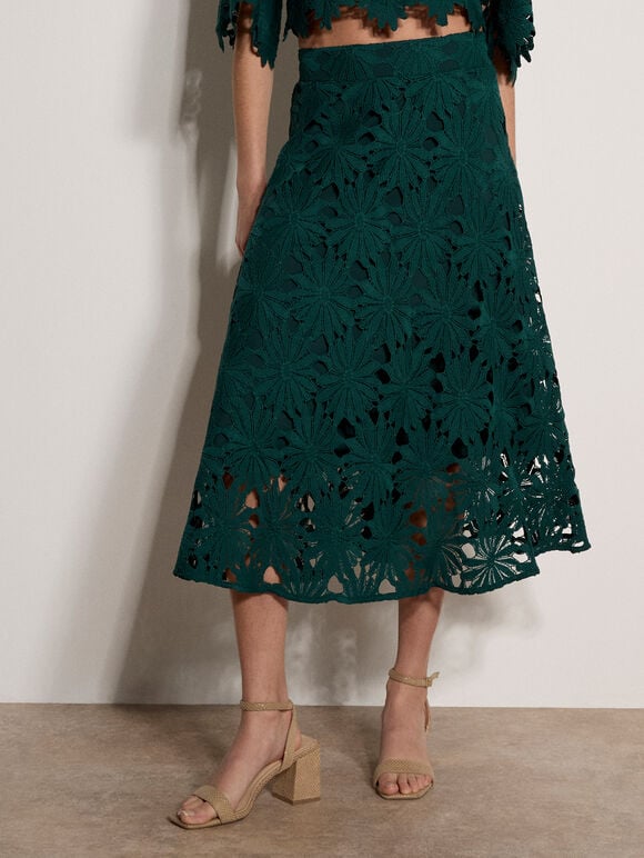 Guipure Lace Daisy Midi Skirt, Green, large