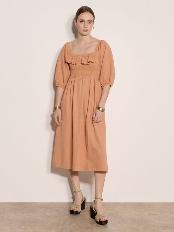Ruffle Cotton Milkmaid Midi Dress, Peach, large