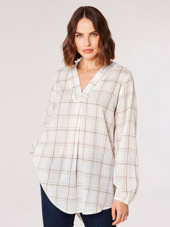 Check Print Oversized Shirt, White, large