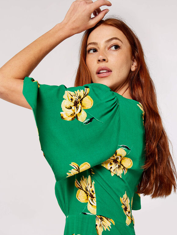Floral Side Slit Dress, Green, large