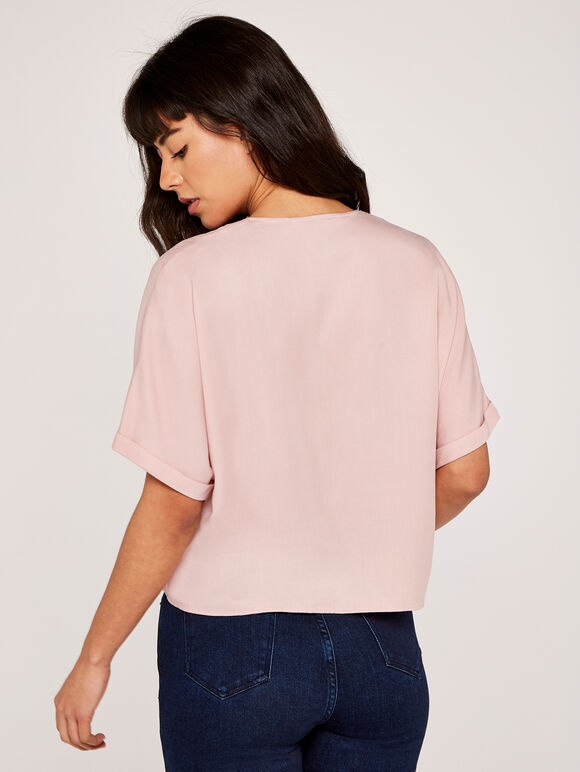 Button Tie Front Top, Pink, large