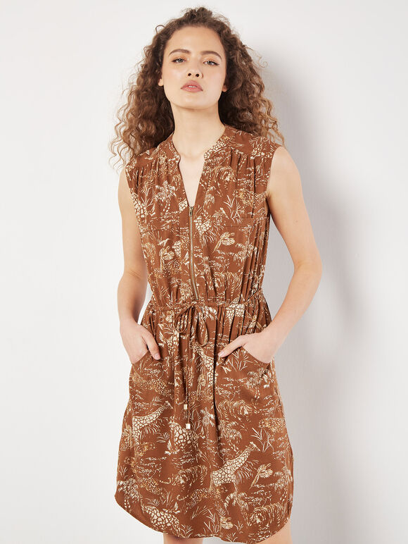 Tropical Animal Print Zip Mini Dress, Rust, large