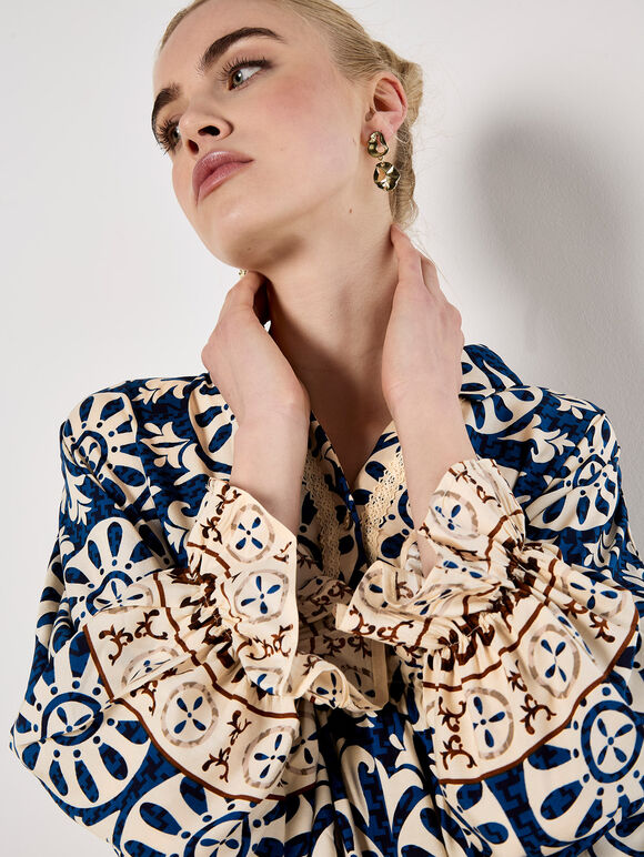 Block Print Oversized Shirt, Navy, large