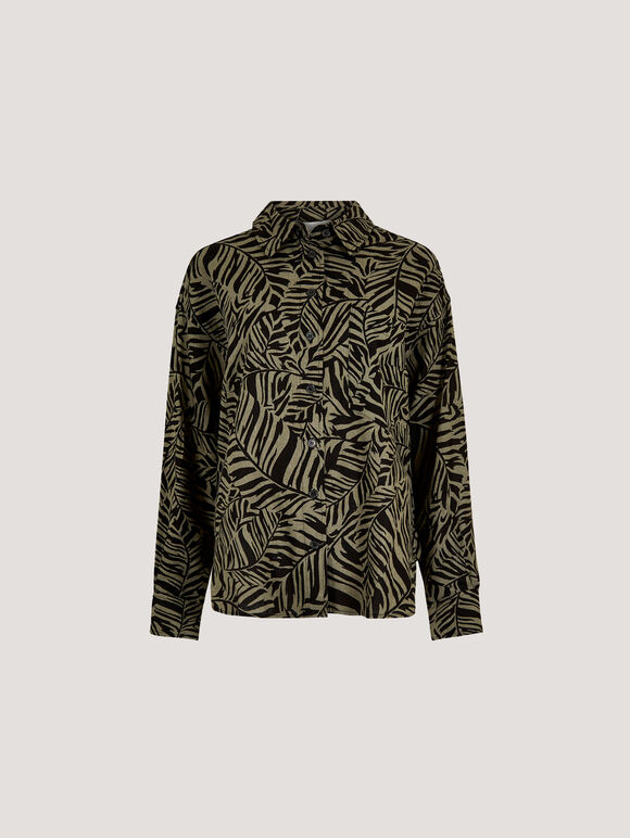 Linen Mix Leaf Print Shirt, Khaki, large