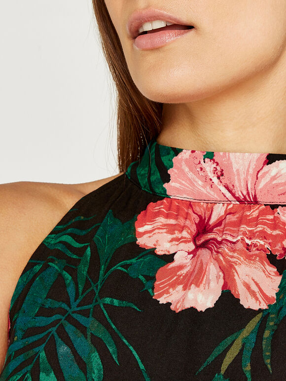 Apricot Hawaiian Hibiscus Halterneck Top, Black, large