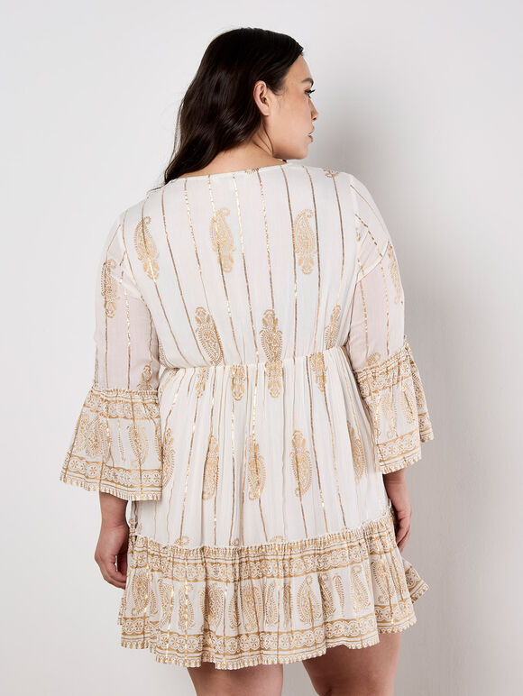 Paisley Shimmer Mini Dress, Cream, large