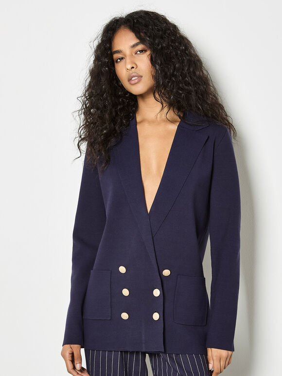 Rib Knitted Blazer, Navy, large