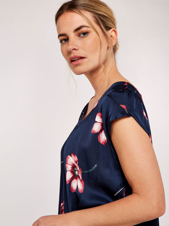 Large Flower Satin Tulip Top, Navy, large