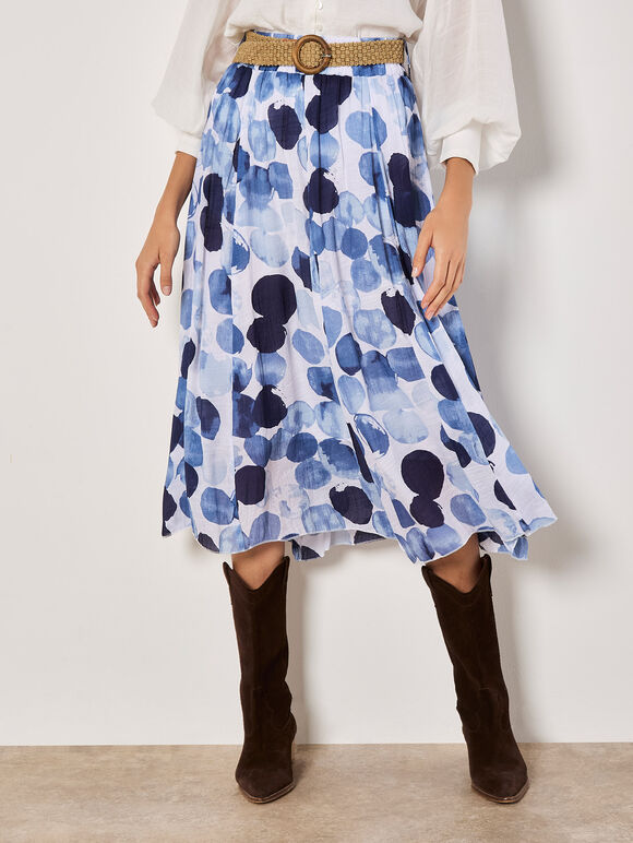 Abstract Print Slub Midi Skirt, Navy, large