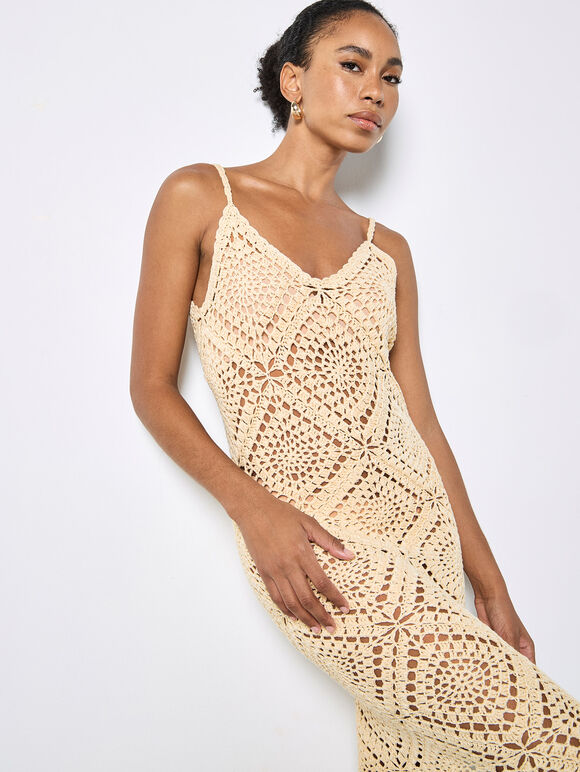 Hand-Knit Crochet Midi Dress, Stone, large
