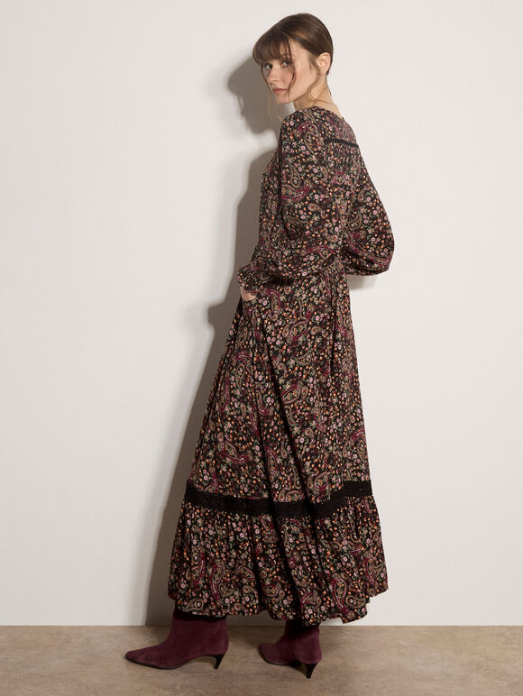 Paisley Floral Maxi Dress, Black, large