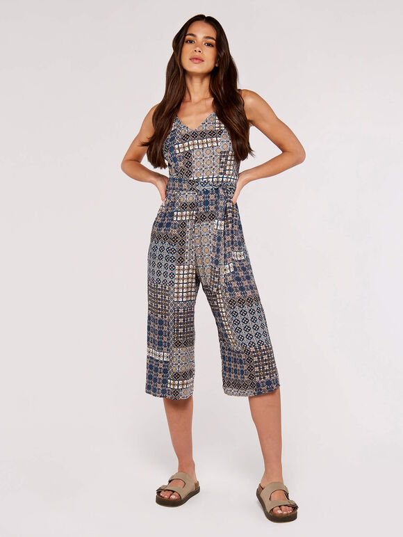 Patchwork Tile Culotte Jumpsuit, Navy, large