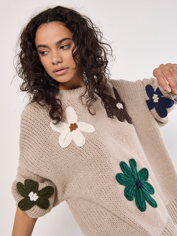 Embroidered Flower Jumper, Stone, large
