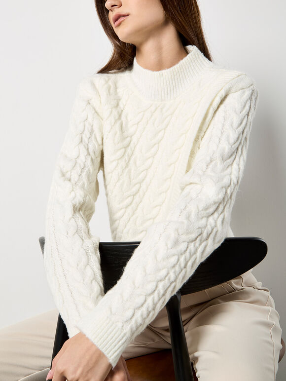 Cable Knit Wrap Jumper, Cream, large