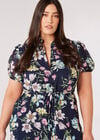 Curve Graphic Floral Shirt Midi Dress, Navy, large