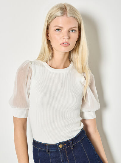Plisse Sleeve Rib Knit Top