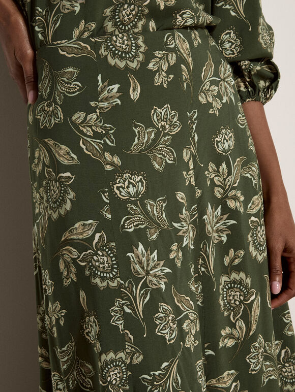 Folk Floral A-Line Midi Skirt, Green, large