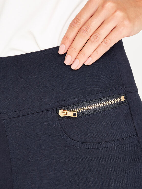 Zip Detail Ponte Trousers, Navy, large